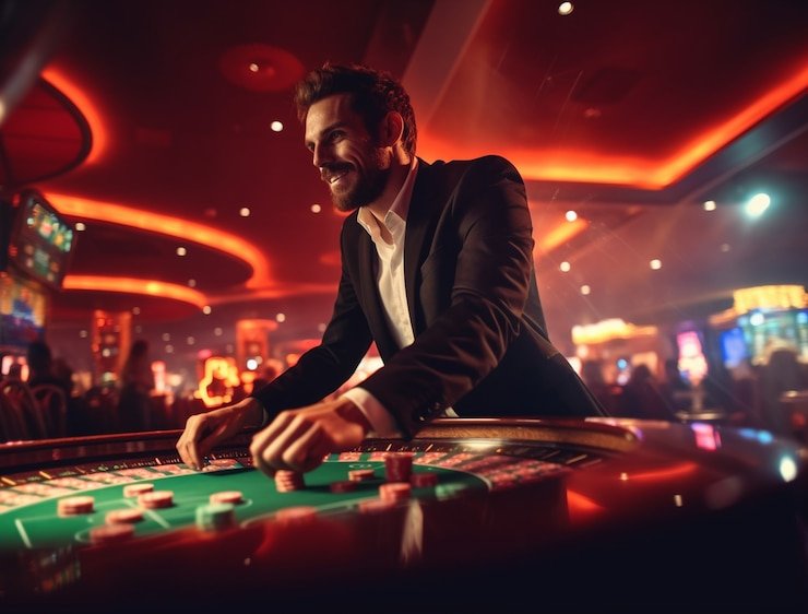 Dealer kasino langsung menjalankan permainan kartu dengan pemain di layar komputer